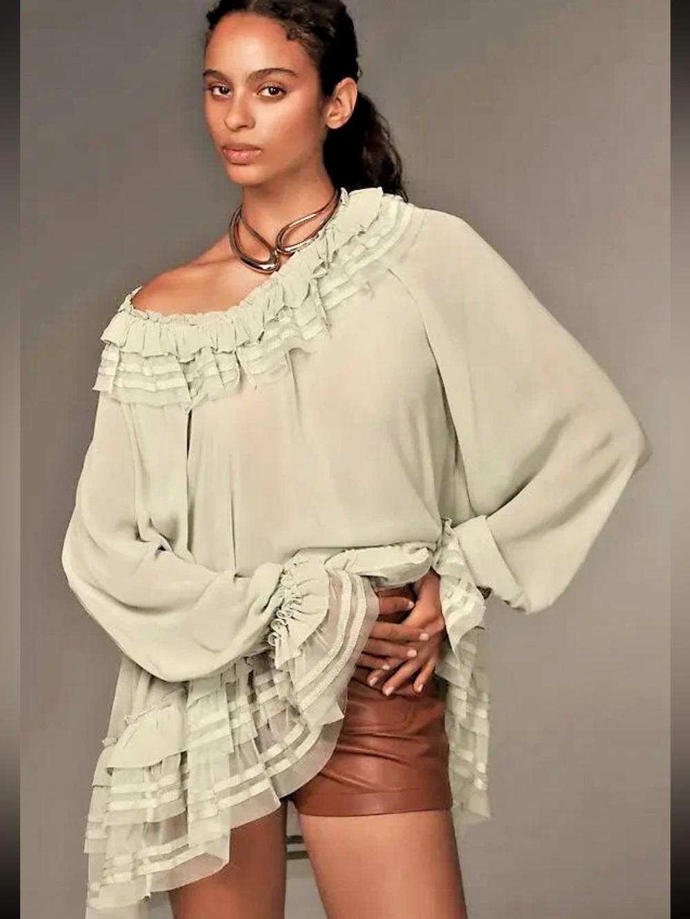 Anthropology sheer flowy ruffle blouse